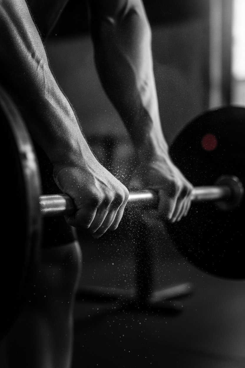 Black and white close-up of an athlete gripping a chalked barbell