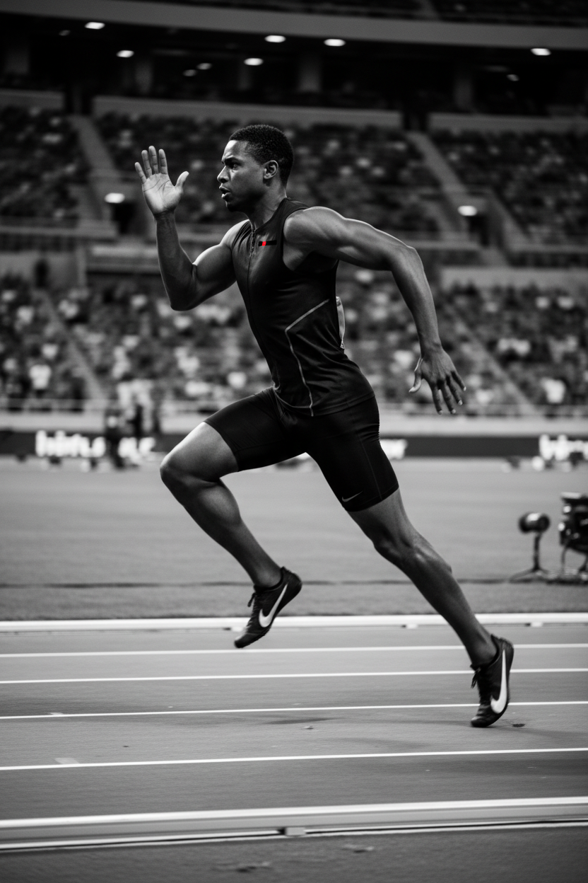 Black and white photograph of a sprinter at full acceleration